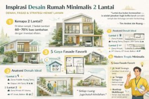 Infografis desain rumah minimalis 2 lantai modern dengan denah ideal, fasad elegan, dan strategi hemat lahan untuk hunian di kavling sempit
