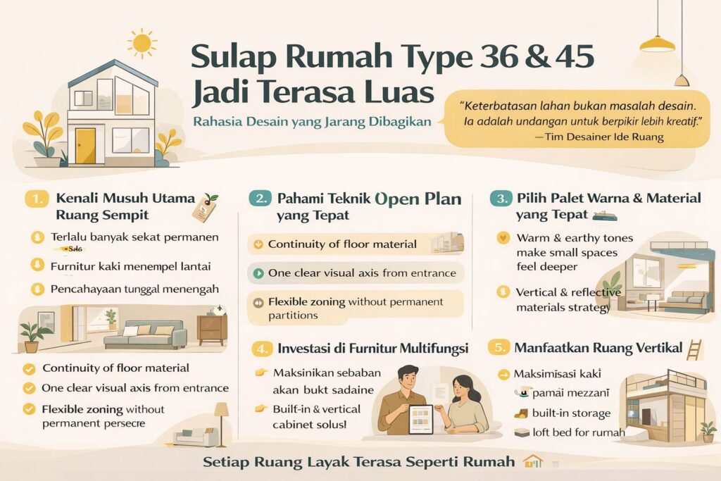 Infografis desain interior rumah type 36 dan 45 agar terasa luas dengan konsep open plan, furnitur multifungsi, dan pemanfaatan ruang vertikal