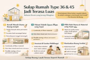 Infografis desain interior rumah type 36 dan 45 agar terasa luas dengan konsep open plan, furnitur multifungsi, dan pemanfaatan ruang vertikal