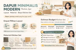 Infografis desain interior dapur minimalis modern dengan layout L-shape, material kitchen set, dan estimasi biaya lengkap