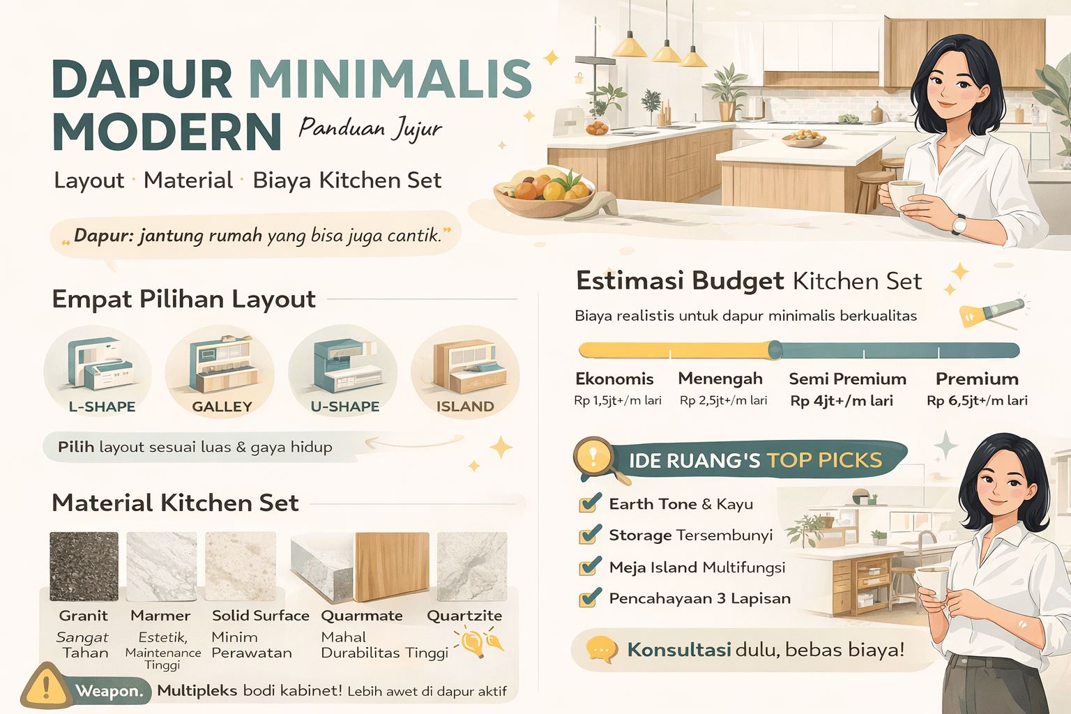 Infografis desain interior dapur minimalis modern dengan layout L-shape, material kitchen set, dan estimasi biaya lengkap