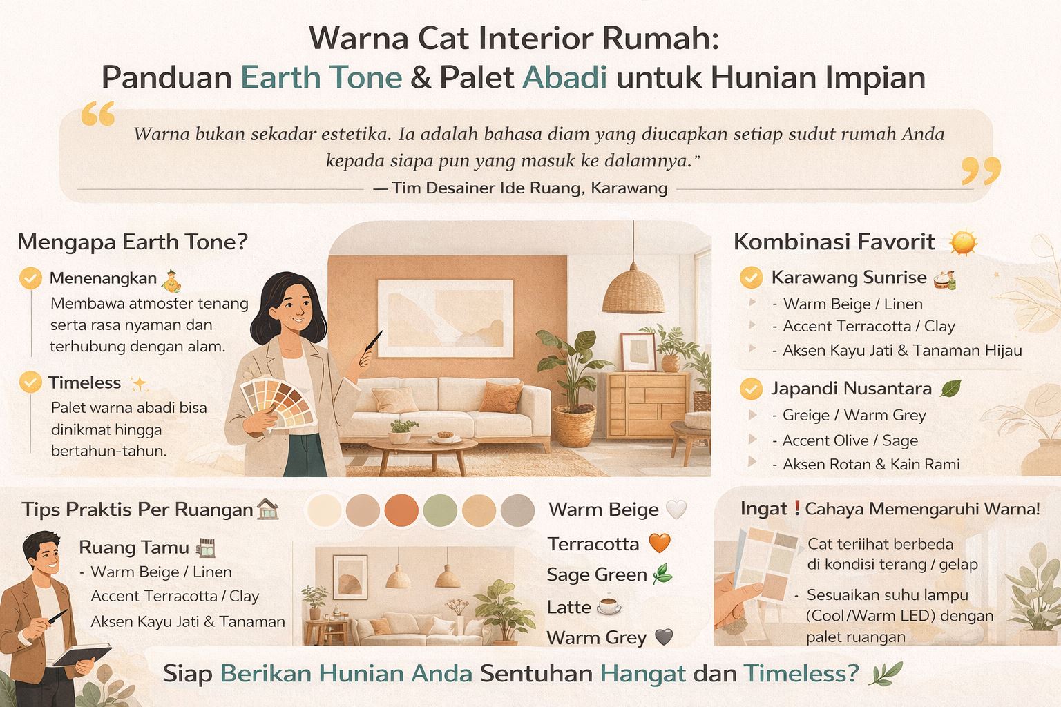 Infografis warna cat interior rumah dengan palet earth tone seperti terracotta, sage green, dan warm beige untuk desain hunian modern yang hangat dan elegan
