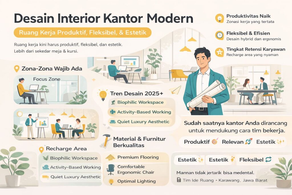 Infografis desain interior kantor modern dengan konsep ruang kerja produktif, fleksibel, estetik, menampilkan zonasi kerja, tren desain, dan elemen ergonomis