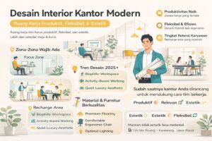 Infografis desain interior kantor modern dengan konsep ruang kerja produktif, fleksibel, estetik, menampilkan zonasi kerja, tren desain, dan elemen ergonomis