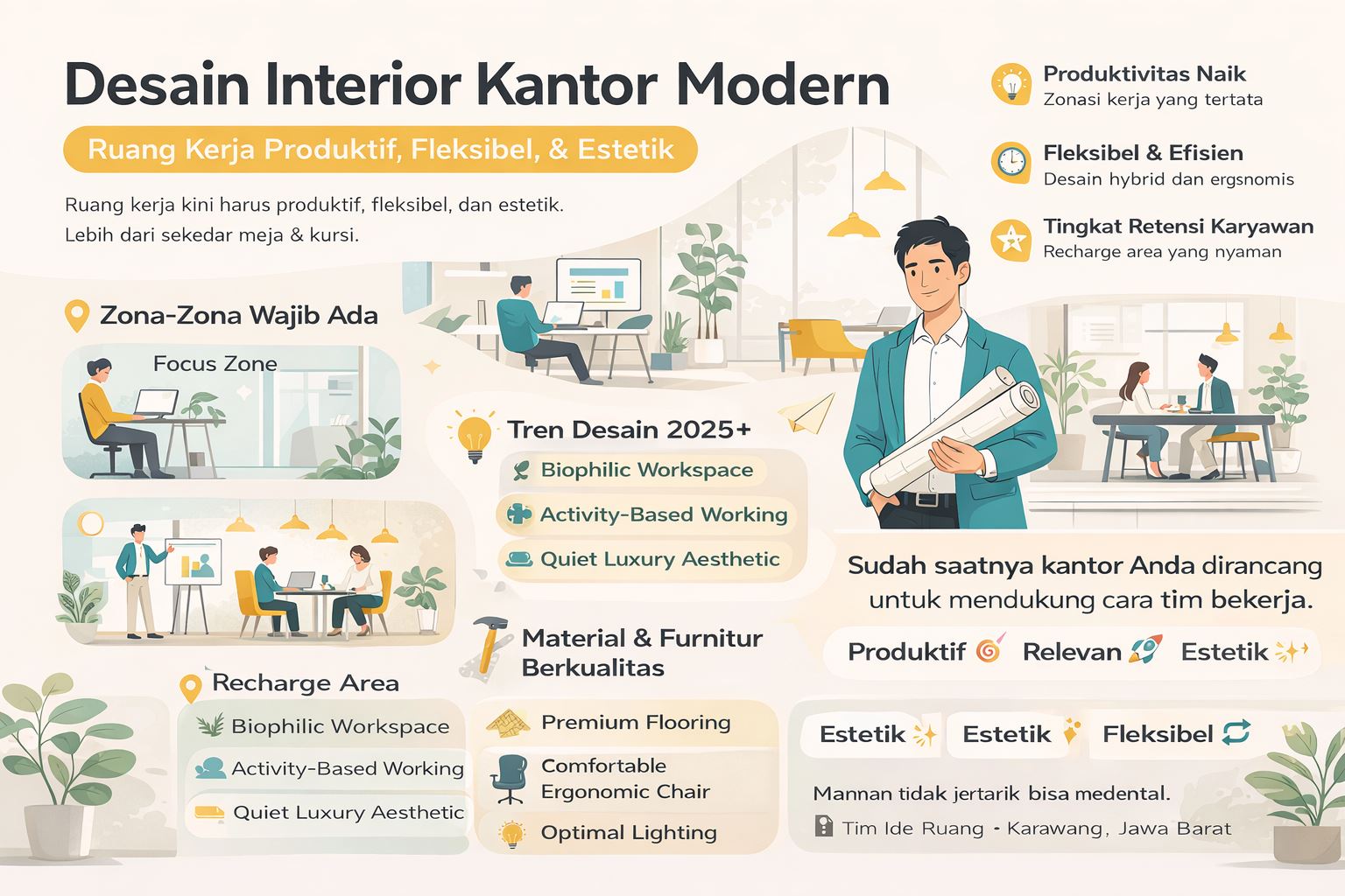 Infografis desain interior kantor modern dengan konsep ruang kerja produktif, fleksibel, estetik, menampilkan zonasi kerja, tren desain, dan elemen ergonomis