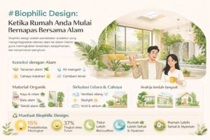Infografis biophilic design untuk rumah modern dengan elemen alam seperti tanaman, cahaya alami, ventilasi, dan material organik untuk meningkatkan kenyamanan dan kesehatan penghuni