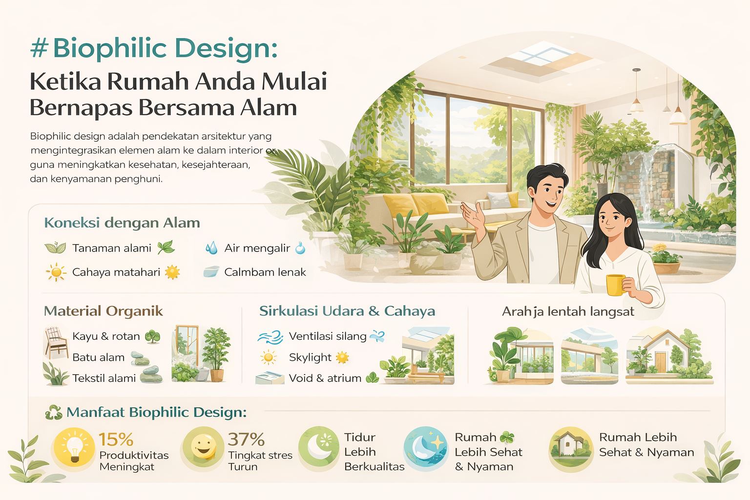 Infografis biophilic design untuk rumah modern dengan elemen alam seperti tanaman, cahaya alami, ventilasi, dan material organik untuk meningkatkan kenyamanan dan kesehatan penghuni