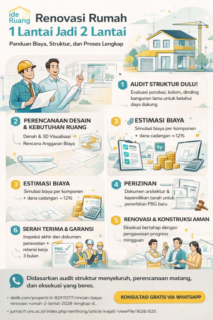 Infografis renovasi rumah 1 lantai jadi 2 lantai mencakup biaya, audit struktur, desain, perizinan, dan proses konstruksi secara lengkap
