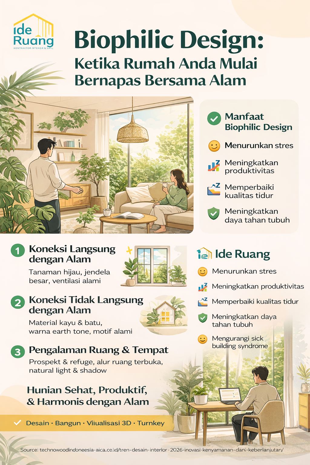 Infografis biophilic design untuk rumah modern dengan elemen tanaman, cahaya alami, dan material kayu yang menciptakan hunian sehat, nyaman, dan terhubung dengan alam